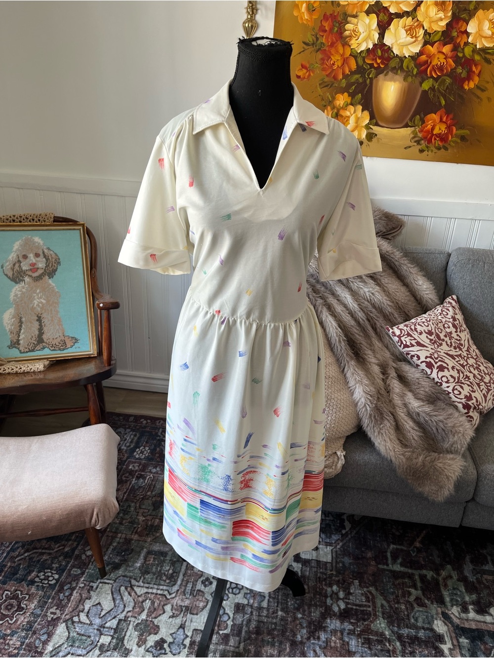 Womens Vintage Cream Collared Midi Dress with Multicolor Brushstroke Print L